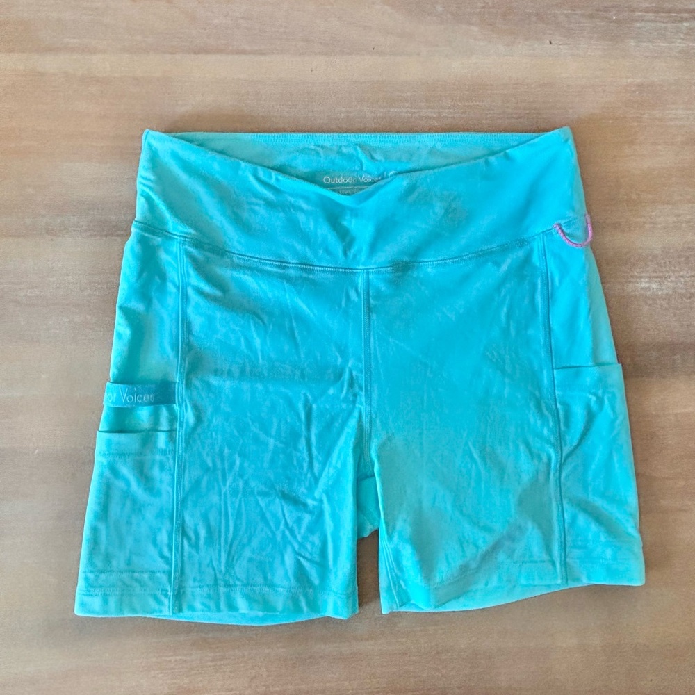 Outdoor Voices High Waist Bike Shorts Side Pockets, 5” Inseam, Lt Blue, Sz L